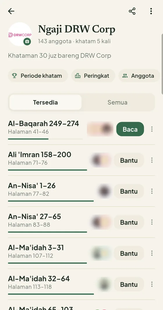BerQuran reading group page for completing all 30 juz together