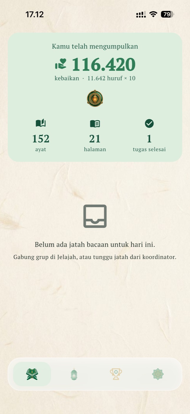 Layar progres khatam harian dan statistik bacaan di aplikasi BerQuran