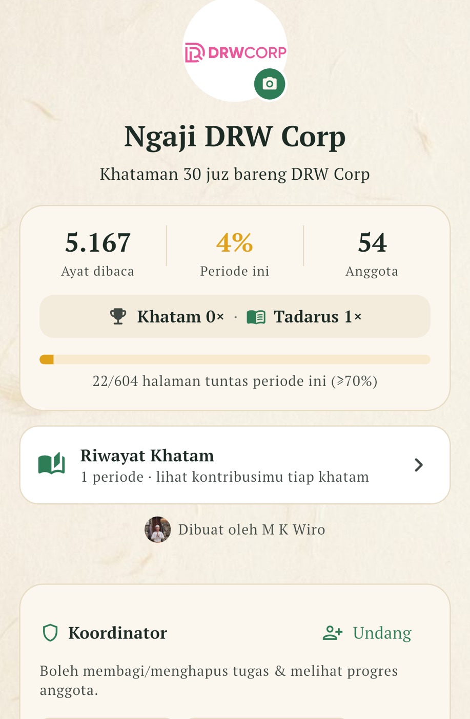 Halaman grup ngaji BerQuran untuk khatam 30 juz bersama